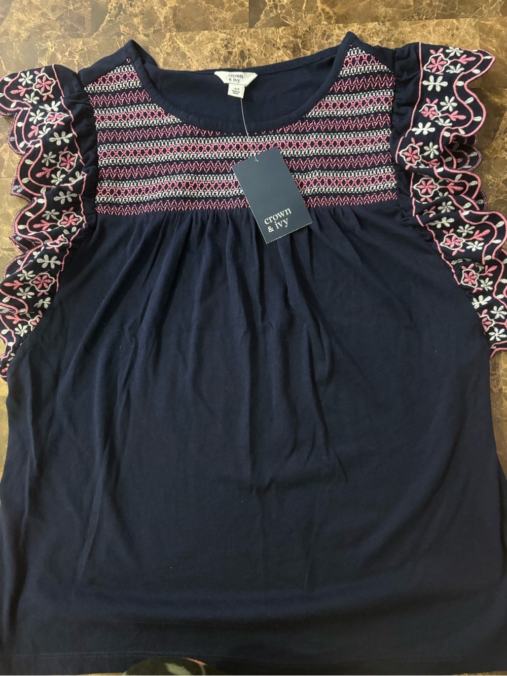 crown & ivy Navy Tunic Top with Pink & White Embroidery